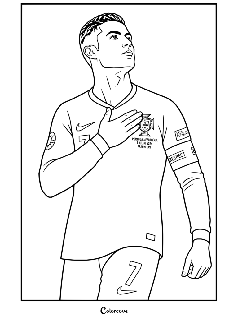Dibujo para colorear de un retrato poligonal de Cristiano Ronaldo con la mano en el pecho y la camiseta de Portugal
