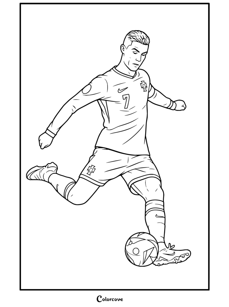Dibujo para colorear de la estrella Cristiano Ronaldo rematando un balón de fútbol con la camiseta de Portugal.