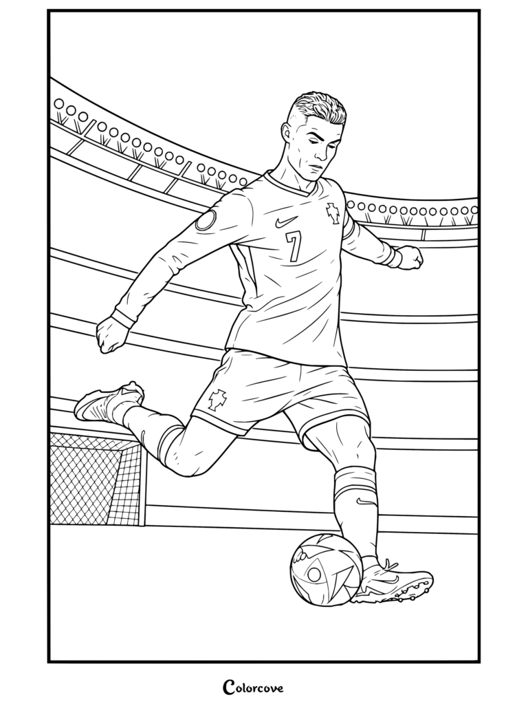 Dibujo para colorear de Cristiano Ronaldo rematando el balón con la camiseta roja y pantalones verdes de Portugal en el campo de juego