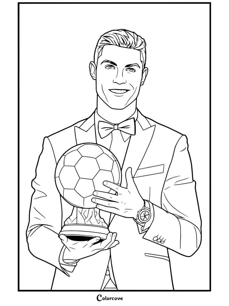 Página para colorear imprimible de Cristiano Ronaldo en arte vectorial sosteniendo el Balón de Oro con traje azul y pajarita
