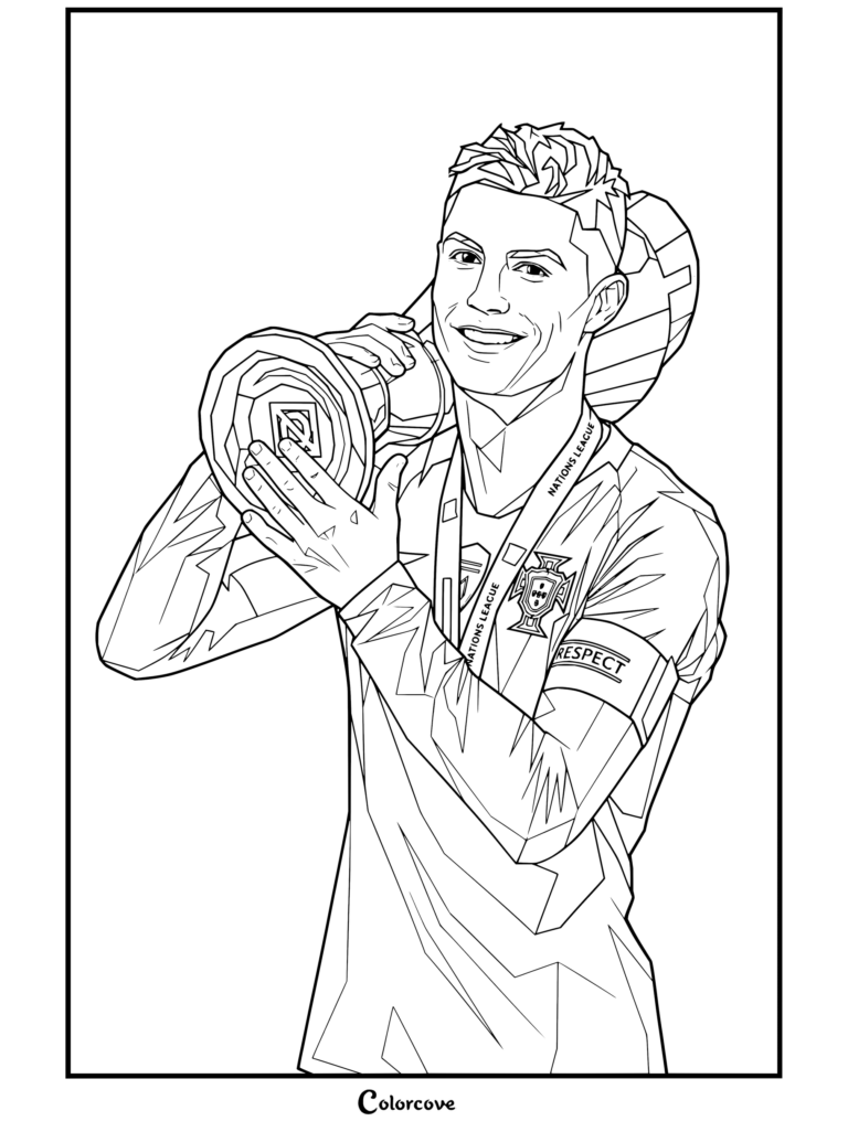 Dibujo para colorear en arte vectorial de Cristiano Ronaldo sonriendo con el trofeo de la Liga de Naciones de la UEFA y la camiseta roja de Portugal