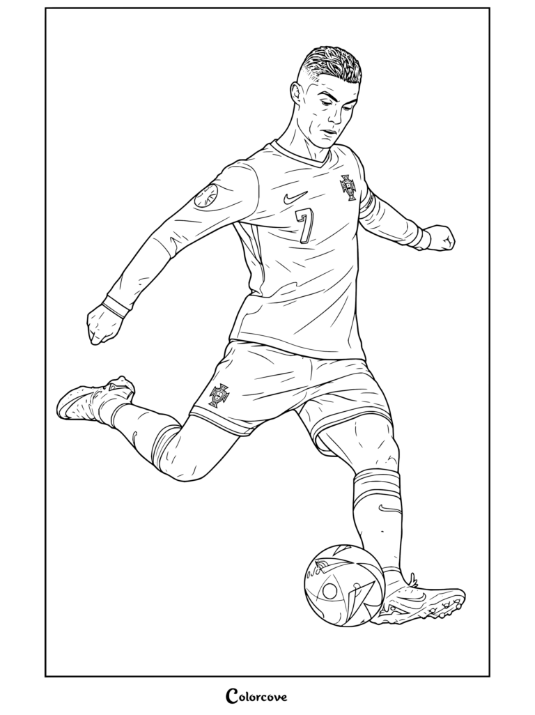 Página para colorear gratis de Cristiano Ronaldo con la camiseta roja número siete de la Selección de Portugal y pantalones verdes pateando el balón en pose dinámica