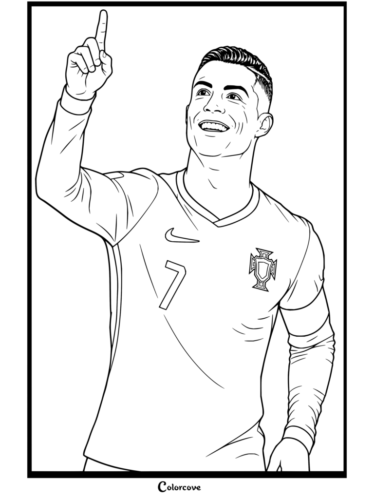Dibujo para colorear de Cristiano Ronaldo sonriendo y señalando hacia arriba con la camiseta roja número siete de Portugal