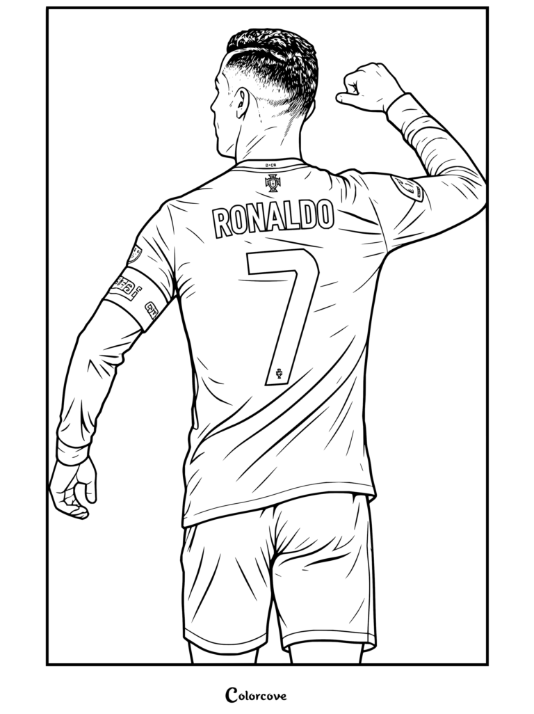Página para colorear imprimible de Cristiano Ronaldo celebrando de espaldas con la camiseta roja número siete de Portugal y el brazalete de capitán.