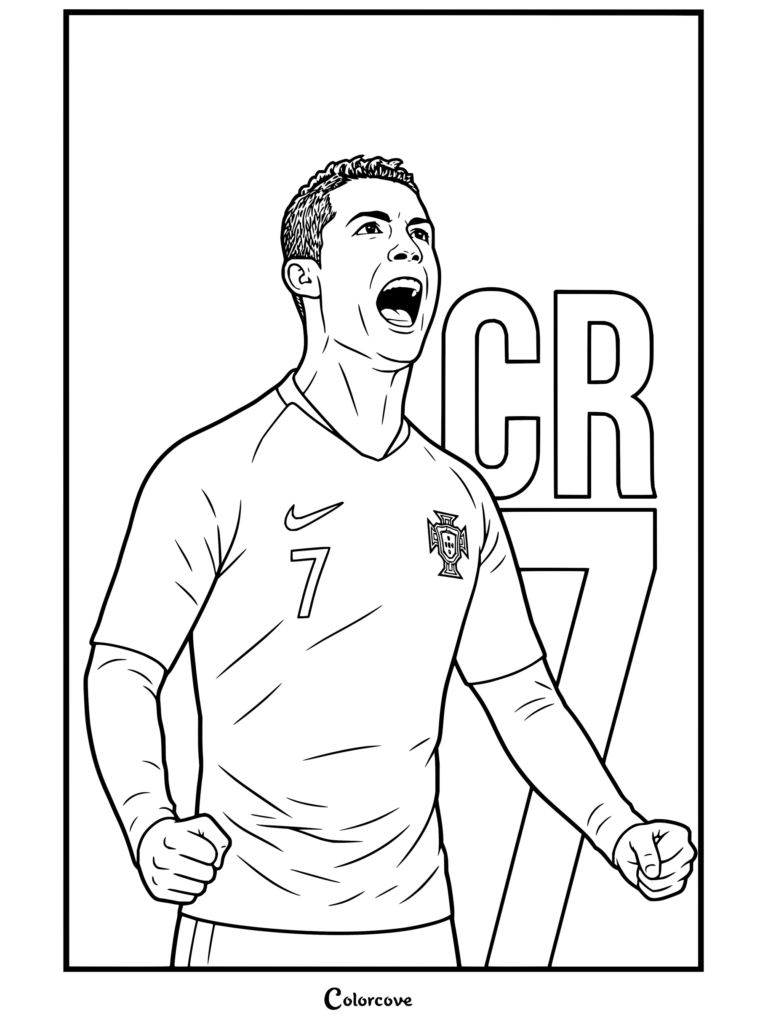 Página para colorear gratis de Cristiano Ronaldo celebrando con la camiseta de Portugal y el texto CR7.