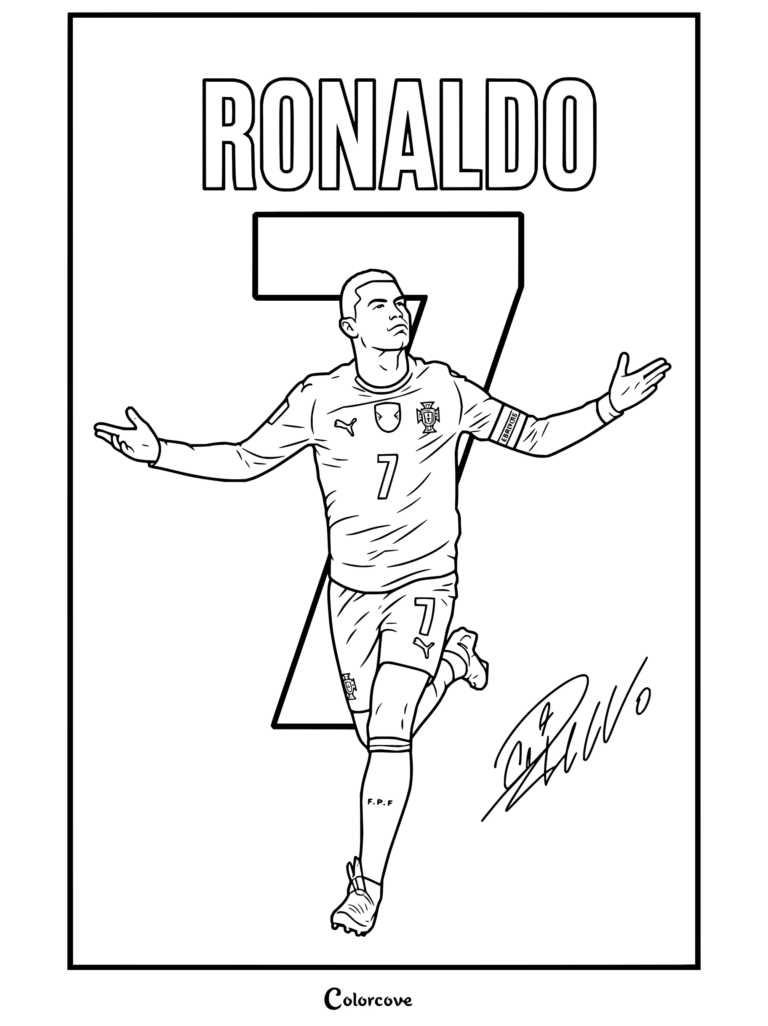 Página para colorear gratis de Cristiano Ronaldo celebrando con la camiseta de Portugal sobre un gran número siete de fondo.