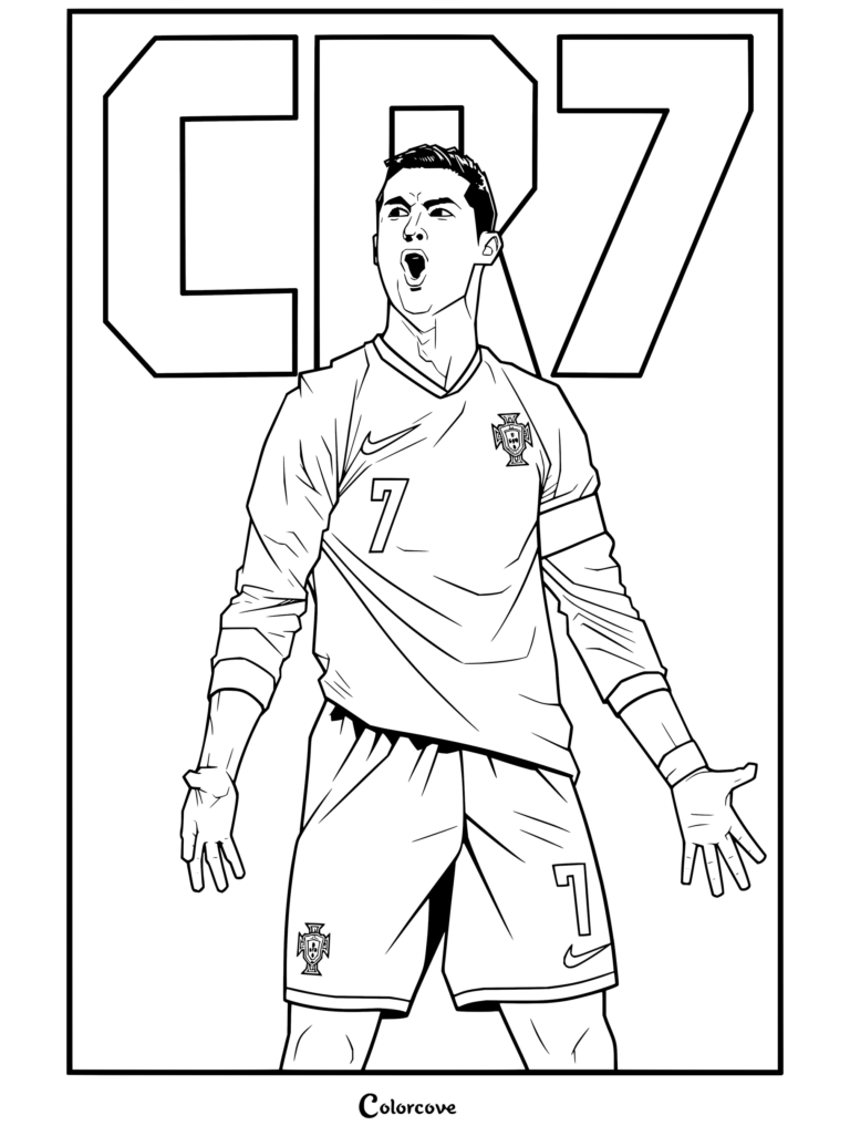 Página para colorear imprimible de Cristiano Ronaldo celebrando con la camiseta roja y pantalones verdes de Portugal con fondo de CR7