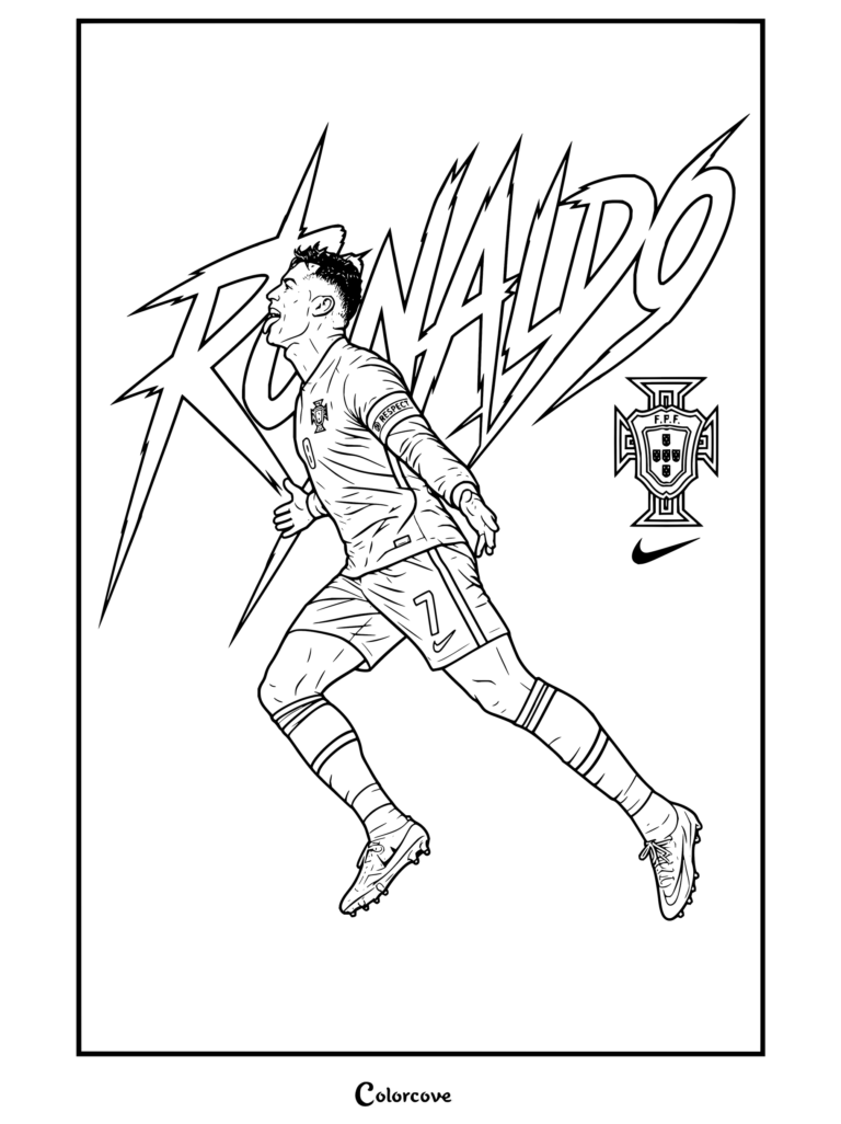 Dibujo para colorear de Cristiano Ronaldo celebrando con la camiseta roja y pantalones verdes de Portugal sobre un fondo tipográfico rojo