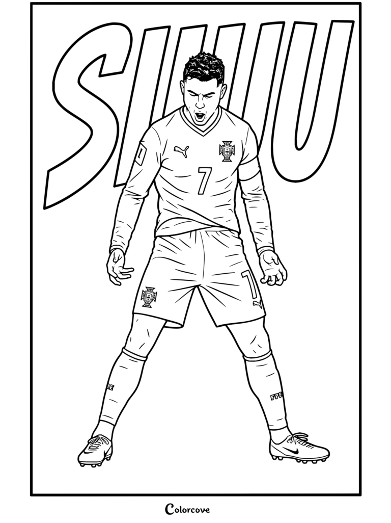 Dibujo para colorear de la estrella Cristiano Ronaldo celebrando con la equipación roja de Portugal y la palabra SIUUU de fondo.
