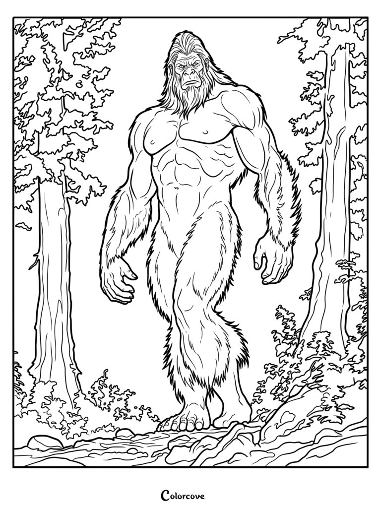 Coloriage de Bigfoot mettant en scène un Cryptide détaillé debout dans une forêt entre de grands arbres.
