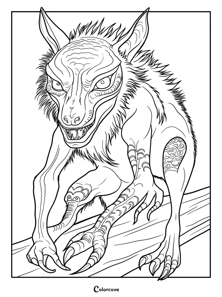 Coloriage de Cryptides représentant un Chupacabra féroce perché sur une branche