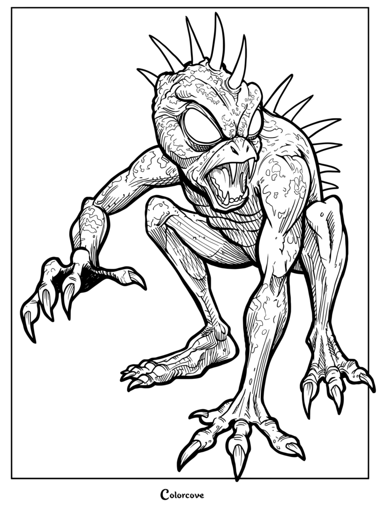 Coloriage de Cryptide Le Chupacabra représentant une créature monstrueuse et épineuse, accroupie et grognant avec des griffes acérées.