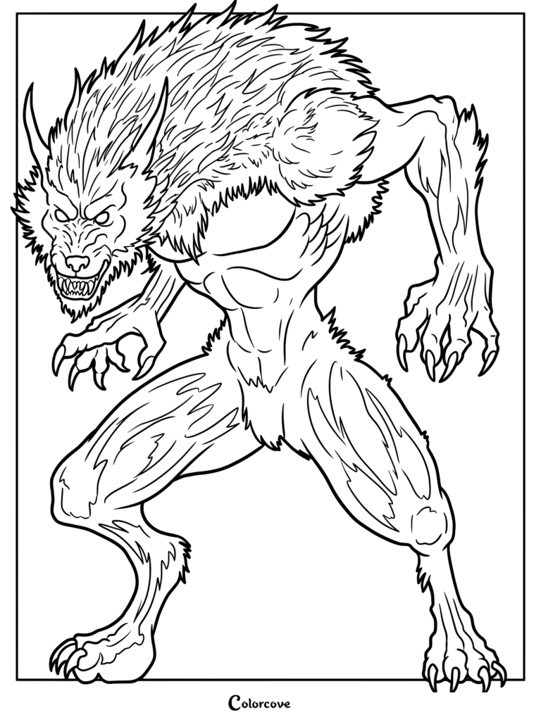Coloriage du Cryptide L'Homme-chien mettant en scène une créature féroce semblable à un loup-garou avec des griffes acérées et des dents découvertes, dans une posture accroupie.