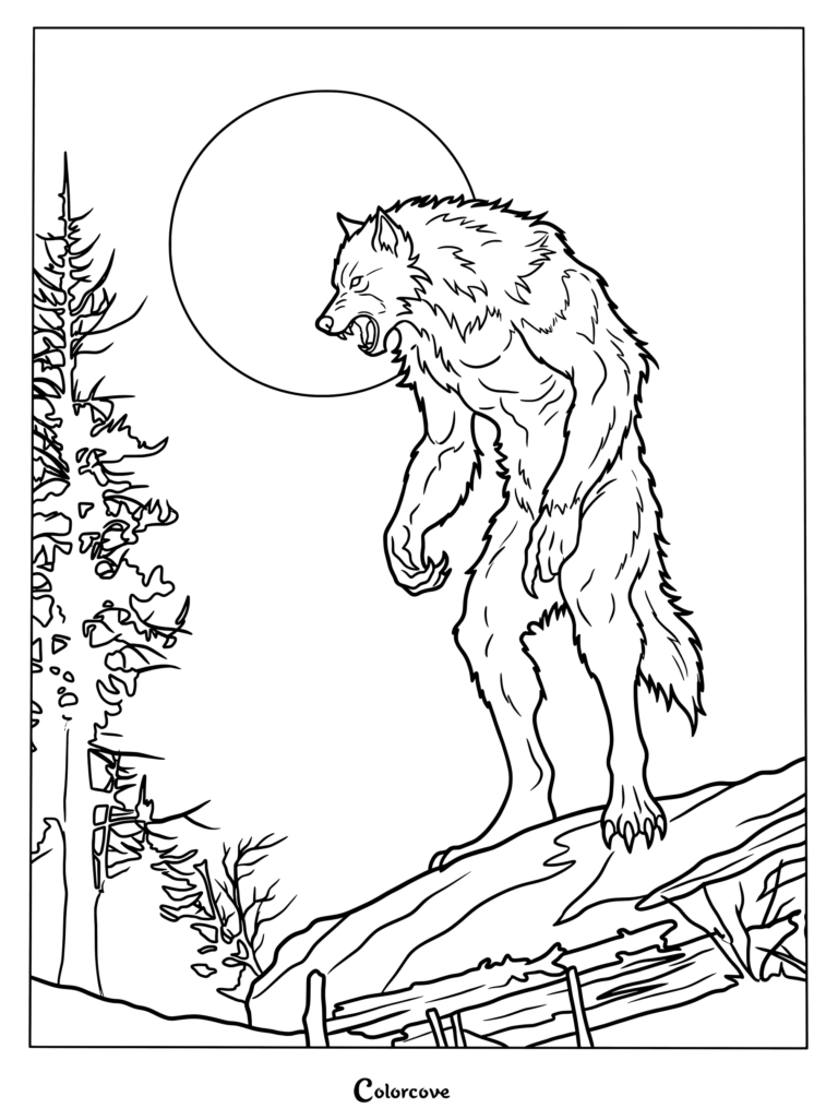 Coloriage de L'Homme-chien mettant en scène une créature de Cryptide hurlante debout sur une souche devant la pleine lune.