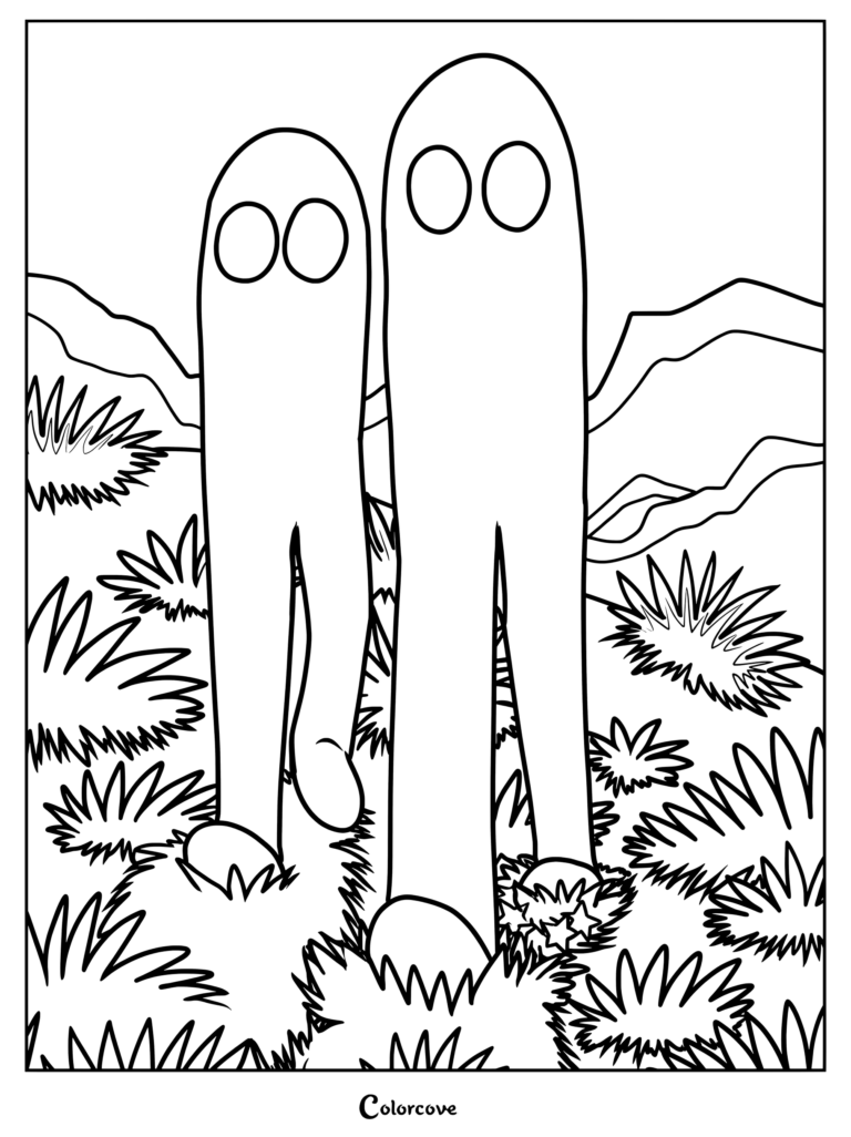 Coloriage de Cryptides montrant Les Nightcrawlers de Fresno marchant à travers un paysage désertique