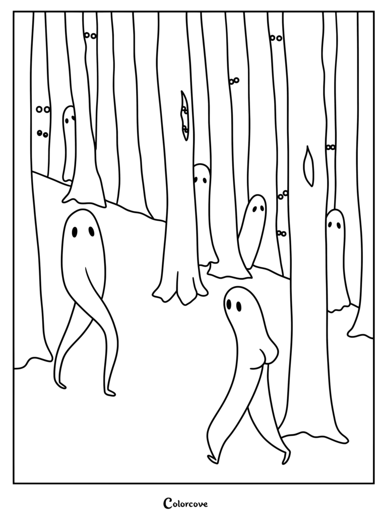 Coloriage de Cryptides mettant en scène Les Nightcrawlers de Fresno marchant à travers une forêt.