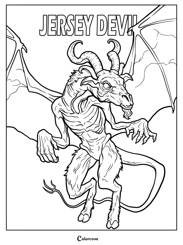 Coloriage du Diable de Jersey mettant en scène un Cryptide mythique doté d'ailes, de cornes et d'une longue queue.