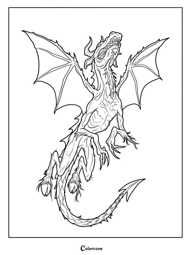 Un coloriage détaillé du mythique Cryptide Le Diable de Jersey volant ailes déployées et gueule ouverte.