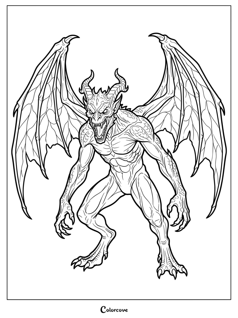 Coloriage à imprimer du Cryptide Le Diable de Jersey représentant la créature ailée avec des cornes et des griffes