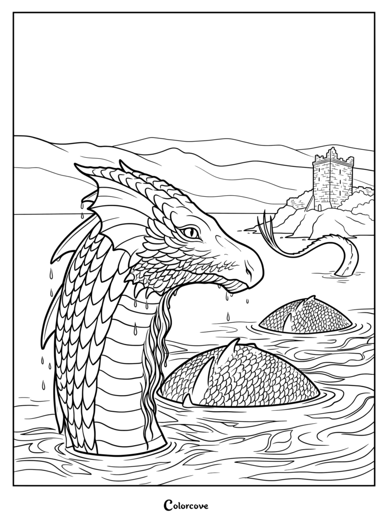 Un coloriage à imprimer du Monstre du Loch Ness nageant dans un lac près d'un château, présentant un Cryptide dans un style de dessin au trait détaillé.