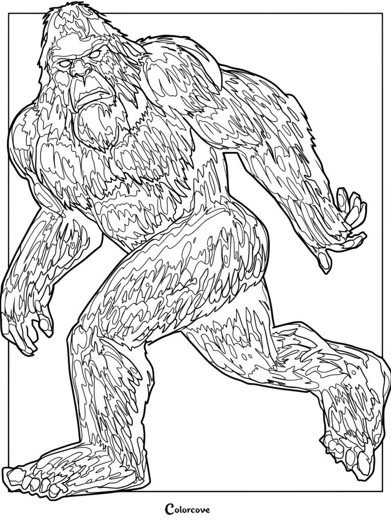 Coloriage de Bigfoot mettant en scène le célèbre Cryptide marchant avec une texture de fourrure détaillée.