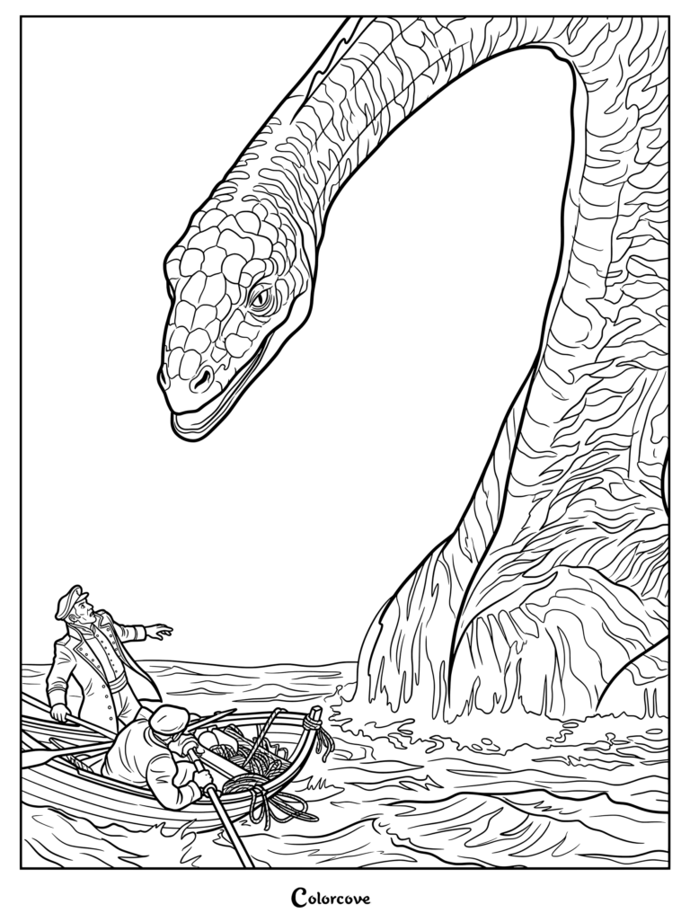 Coloriage du Monstre du Loch Ness mettant en scène un Cryptide géant émergeant de l'eau sous le regard de marins dans une petite barque.