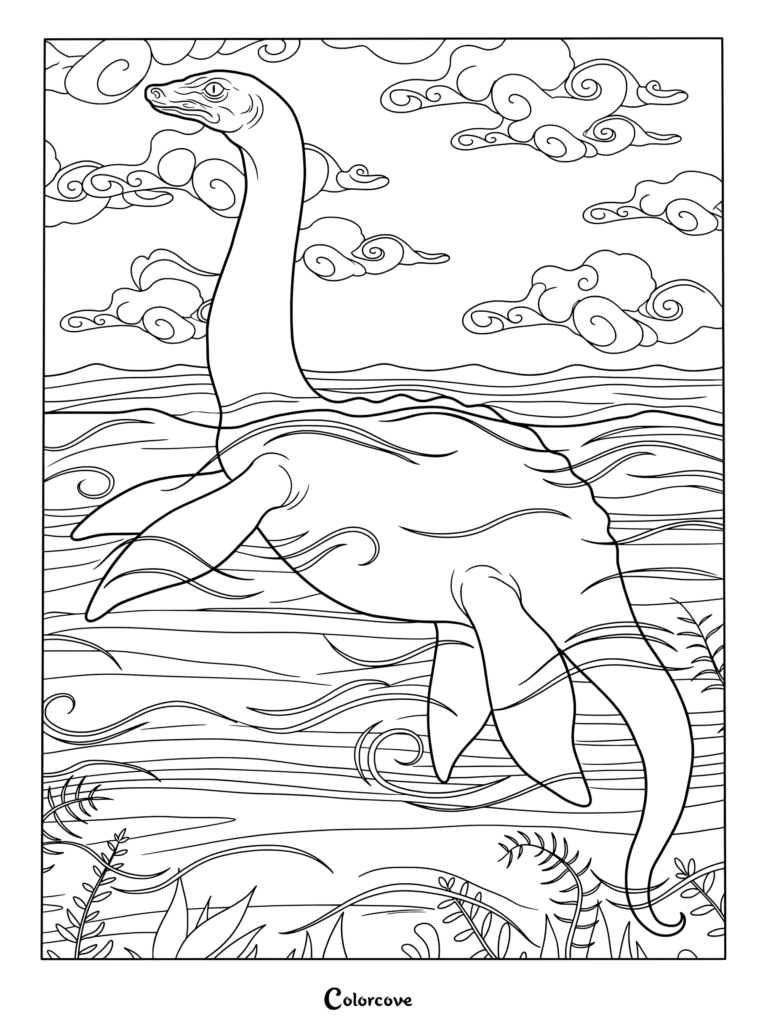 Coloriage du Monstre du Loch Ness illustrant un Cryptide nageant dans l'eau sous un ciel nuageux.