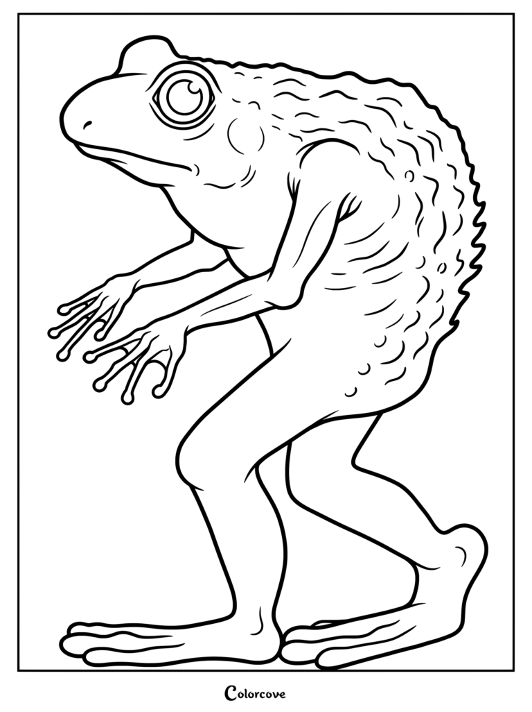 Coloriage de Cryptides proposant une illustration détaillée de L'Homme-grenouille de Loveland debout sur deux pattes.