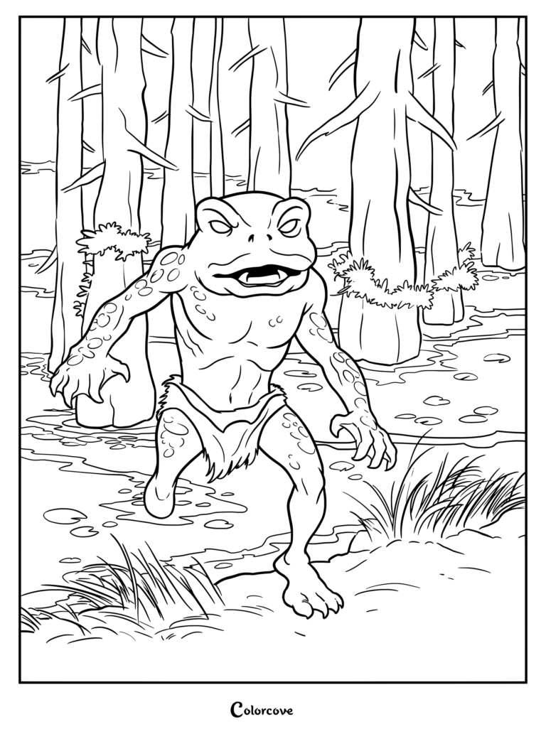 Coloriage du Cryptide L'Homme-grenouille de Loveland représentant la créature amphibie humanoïde pataugeant dans un marécage rempli de grands arbres et de plantes aquatiques.