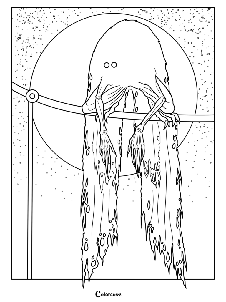 Coloriage de Mothman mettant en scène le Cryptide perché sur un poteau métallique sur fond de nuit étoilée.