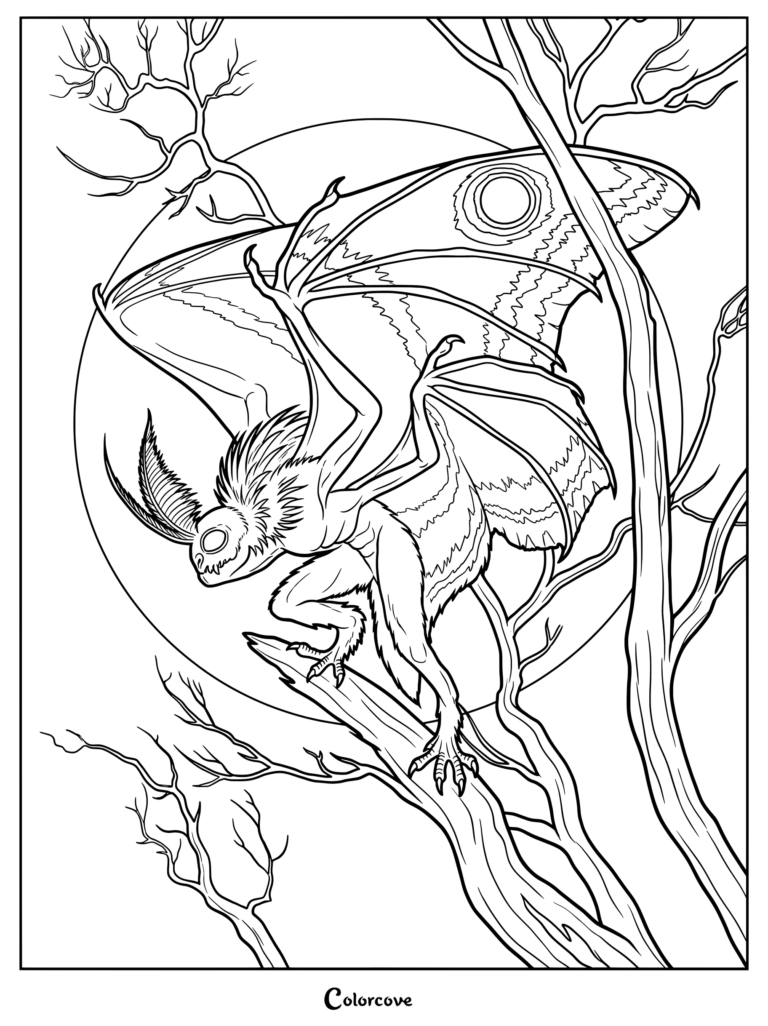 Coloriage du Cryptide Mothman représentant la créature ailée perchée sur une branche d'arbre dénudée sur fond de pleine lune.