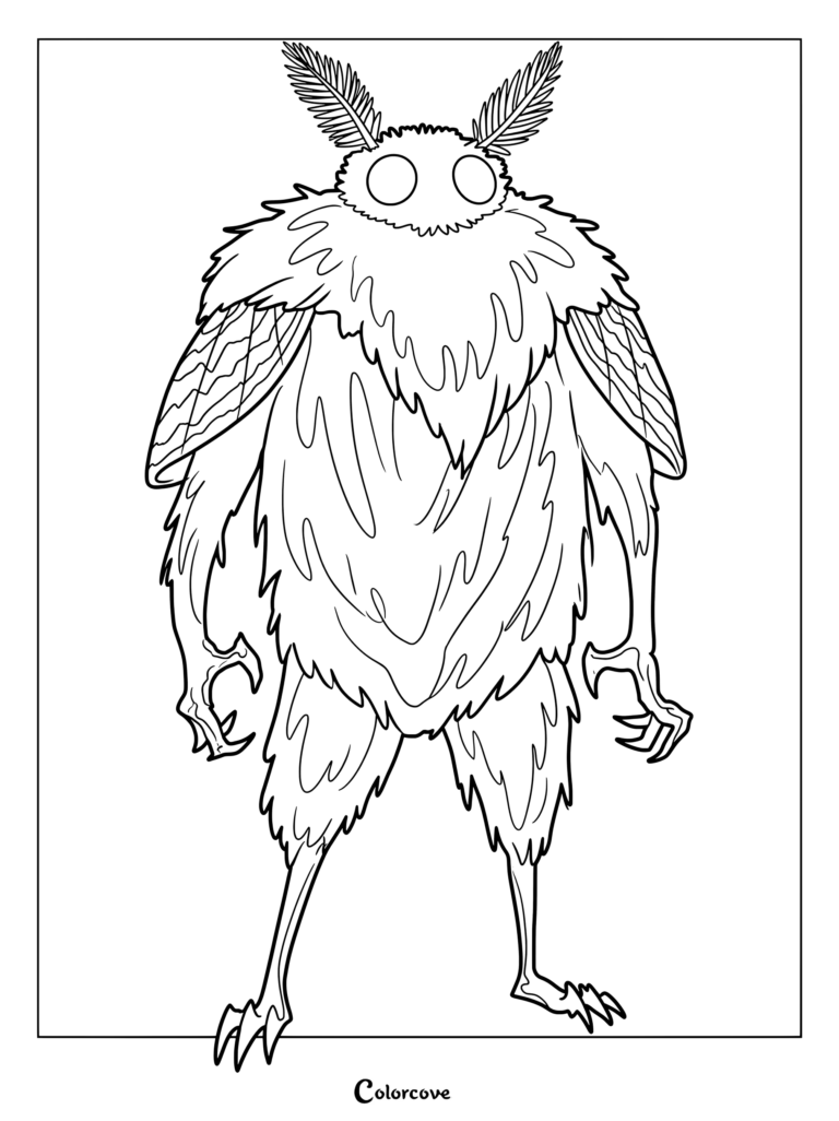 Coloriage de Mothman représentant le personnage du Cryptide debout avec une fourrure duveteuse, de grands yeux, des antennes plumoyeuses et des griffes.