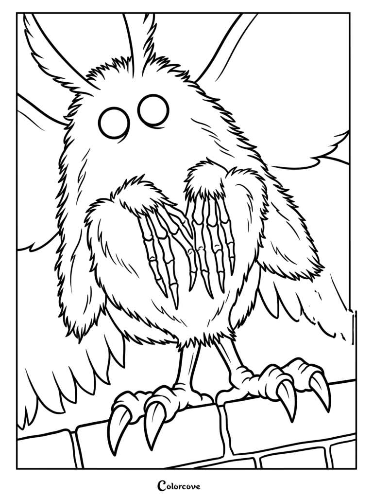 Coloriage de Cryptides mettant en scène Mothman avec une fourrure duveteuse et des mains griffues, perché sur un mur en briques.