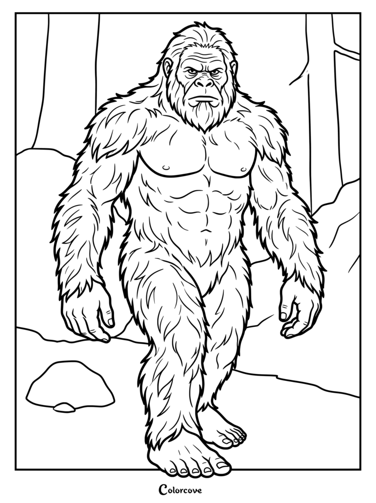 Coloriage de Cryptides mettant en scène Bigfoot marchant à travers une forêt.