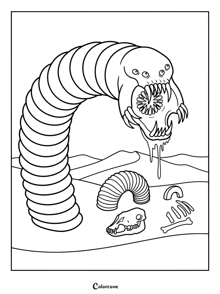 Coloriage du Ver de la mort de Mongolie mettant en scène un monstre géant de Cryptide dans le désert avec des os.