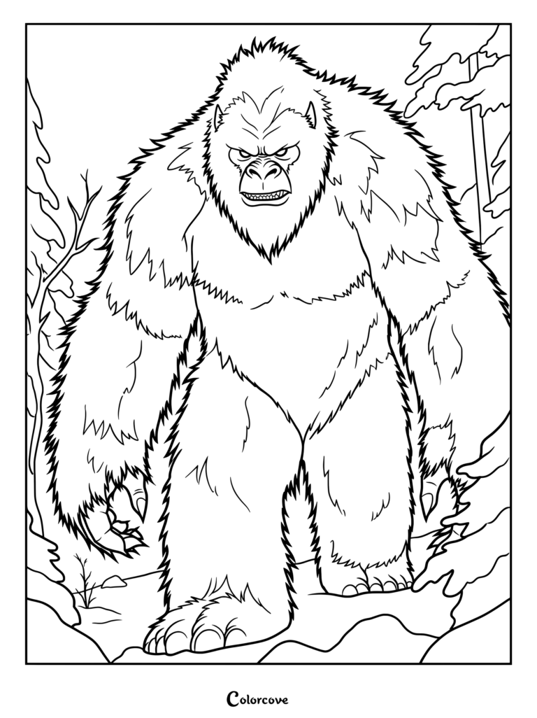 Coloriage de Yéti mettant en scène le Cryptide debout d'un air furieux dans une forêt enneigée.