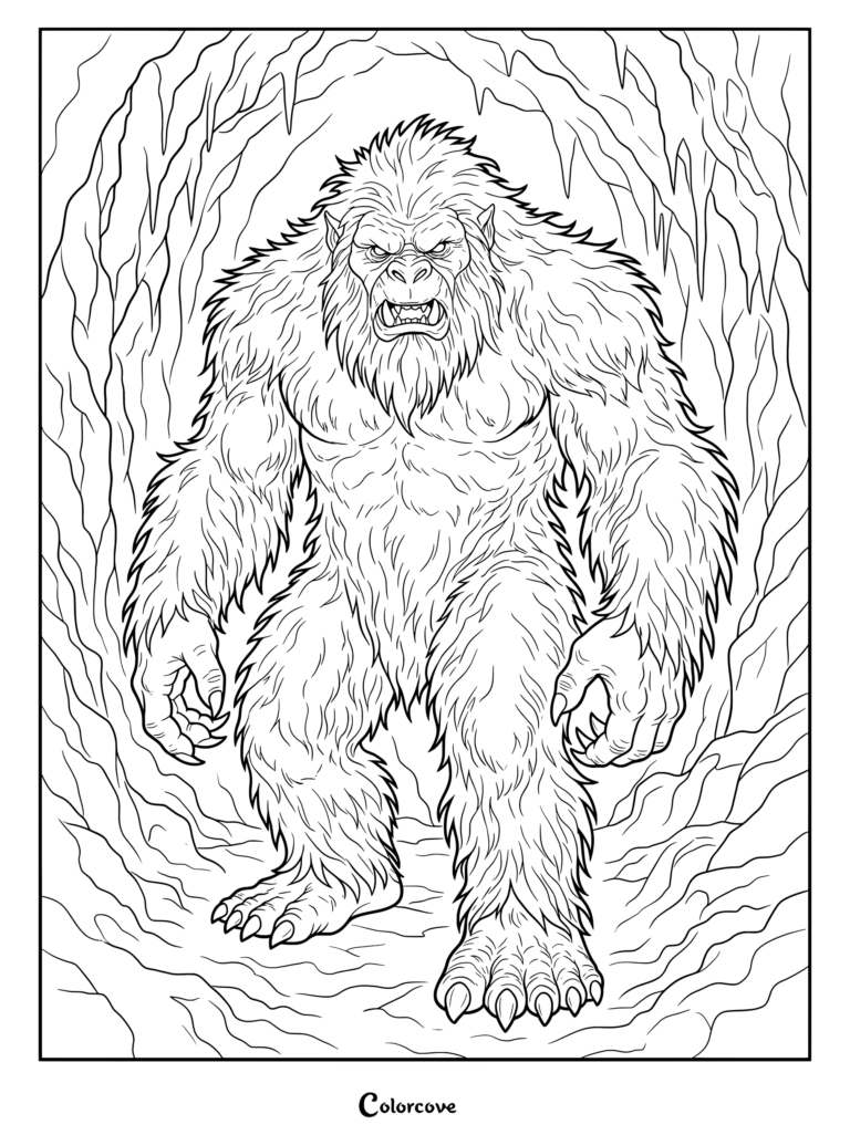 Coloriage de Yéti représentant le Cryptide mythique debout dans une grotte enneigée.