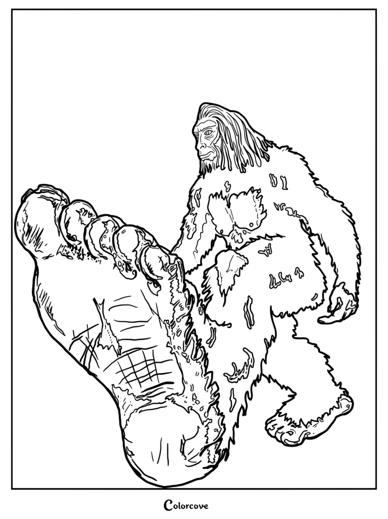 Coloriage de Bigfoot avec un gros plan détaillé sur un pied géant et la créature debout derrière lui, parfait pour les fans du mythe des Cryptides.