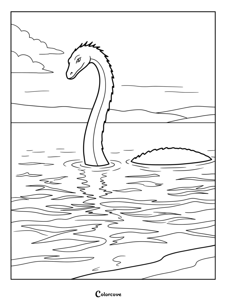 Coloriage de Cryptides représentant Champ (Le Monstre du Lac Champlain) émergeant de l'eau ondulante.