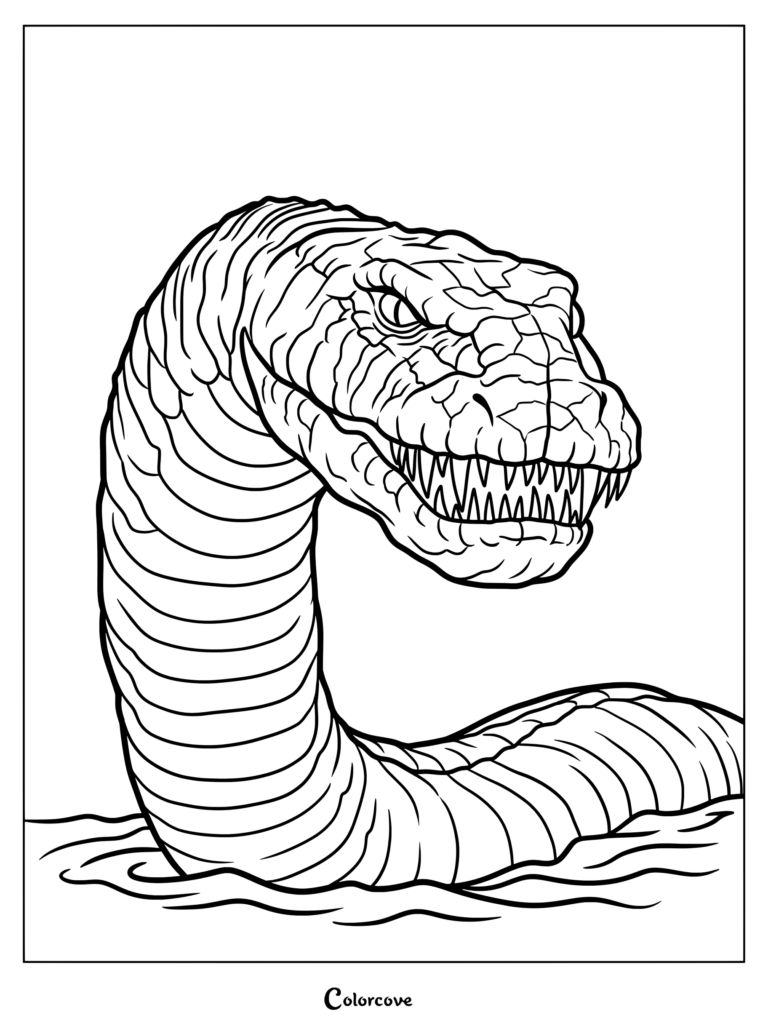 Coloriage gratuit de Champ (Le Monstre du Lac Champlain) émergeant de l'eau en tant que personnage de Cryptide.