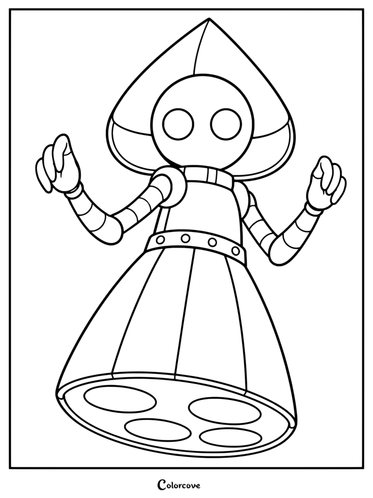Coloriage à imprimer d'un robot Cryptide unique présentant une capuche pointue, des bras rayés et une jupe évasée avec des motifs circulaires.