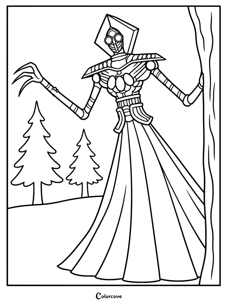 Coloriage de Cryptides montrant une silhouette de robot debout près d'un arbre.