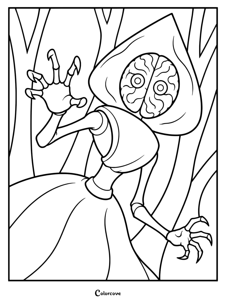 Coloriage du Cryptide Tête de Cerveau représentant une créature effrayante avec un visage en forme de cerveau et des griffes.