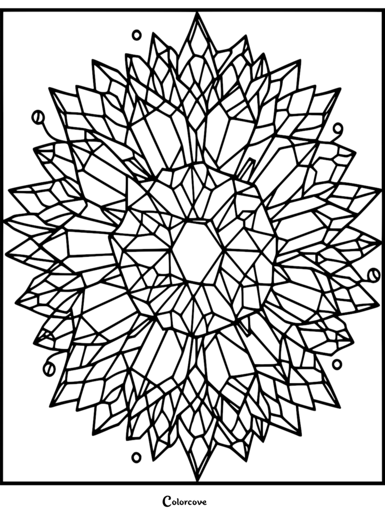 A detailed crystal mandala coloring page featuring sharp geometric shards radiating from a central hexagonal core with small floating circles.
