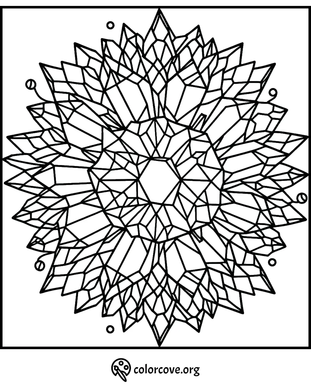 Geometric mandala coloring page with intricate crystal patterns for stress relief and mindfulness.