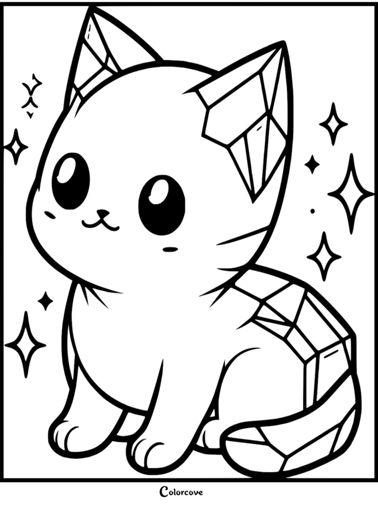 A cute chibi kitten with crystalline ears and back shards in a free printable coloring page surrounded by sparkles.