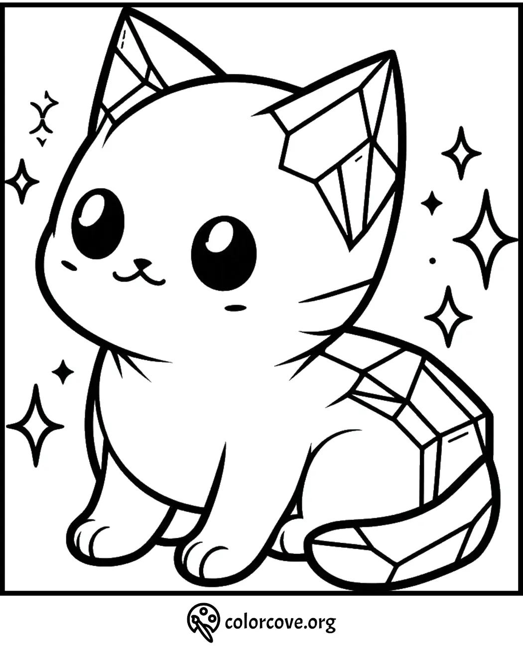 Cute crystal cat coloring page with sparkling stars. Perfect for kids' creative activities and art fun.