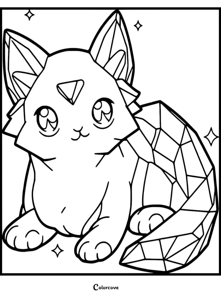A cute chibi fox with crystal ears and a large faceted crystal tail in this printable coloring page.