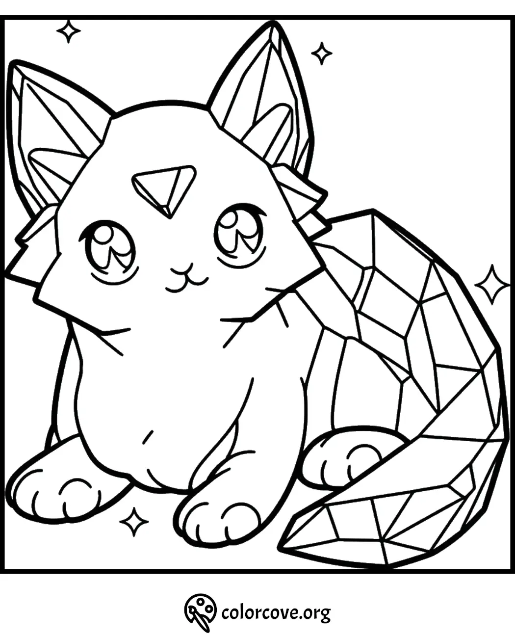 Cute geometric cat coloring page with sparkling stars. Perfect for kids and cat lovers to enjoy and color creatively.