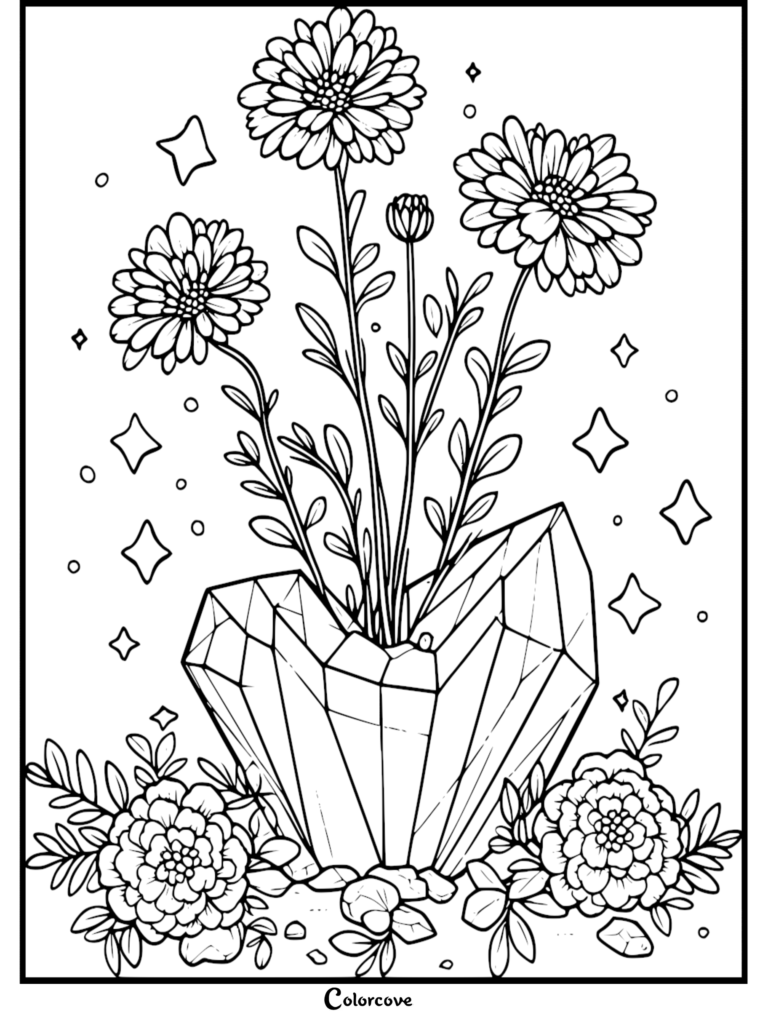 A black and white coloring page featuring three tall daisies emerging from a large, faceted crystal cluster surrounded by small flowers and floating sparkles.
